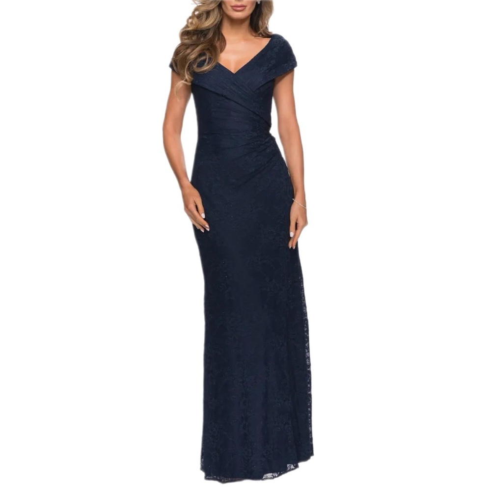 LA FEMME Navy Blue Off Shoulder Ruched Lace Trumpet Gown Wedding Guest‎ Dress 16